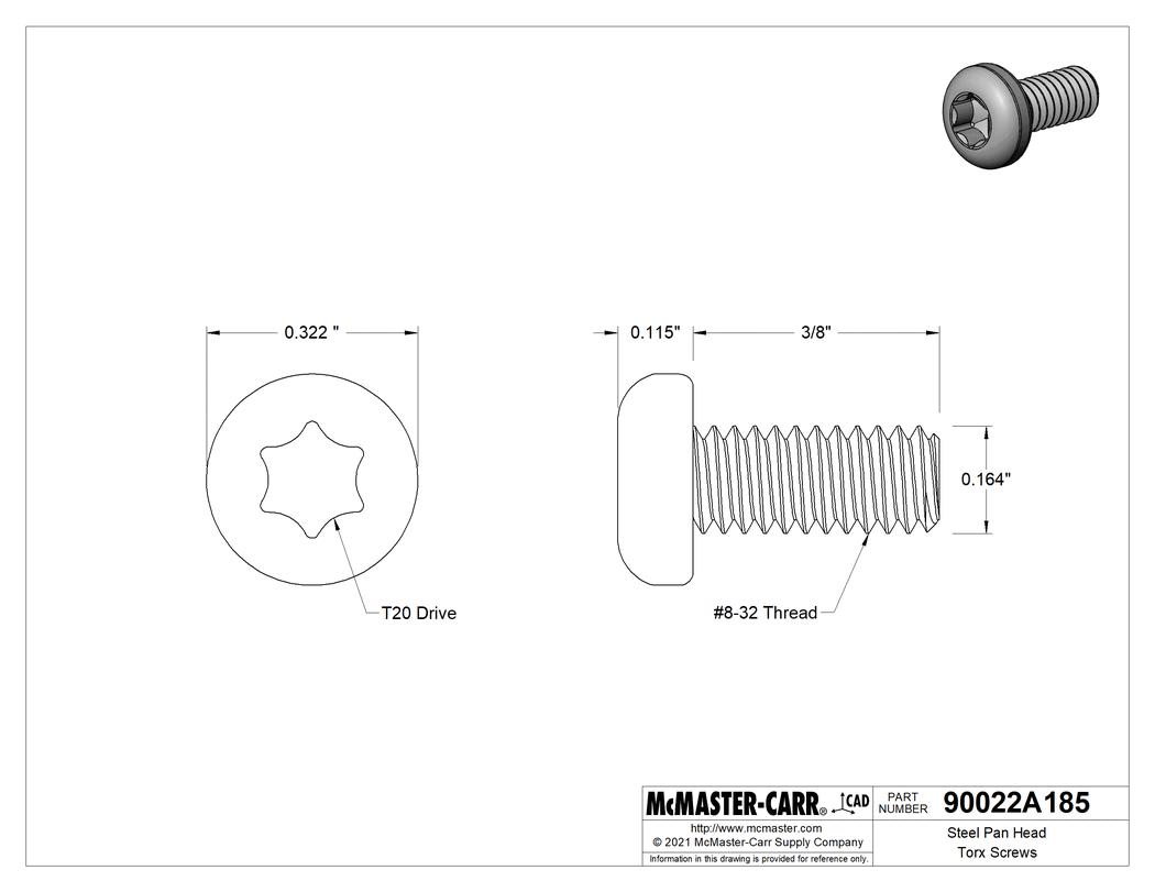 Technical Drawing of Zinc-Plated Steel Pan Head Torx Screws, 8-32 Thread Size, 3/8" Long.